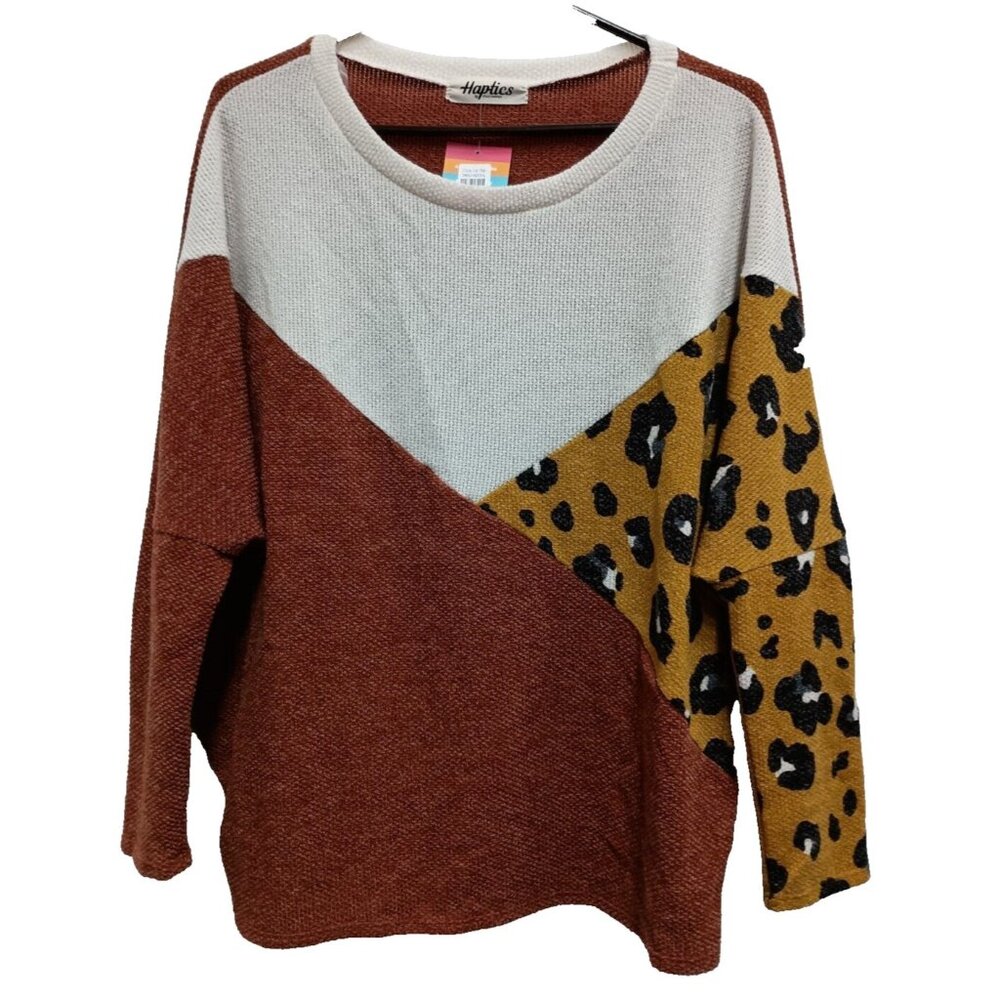 Haptics Womens Tunic Top Large Multi‎ Animal Print Colorblock Soft Knit BOHO New